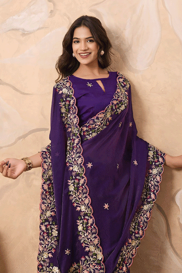 Reception Special Embroidery Purple Saree