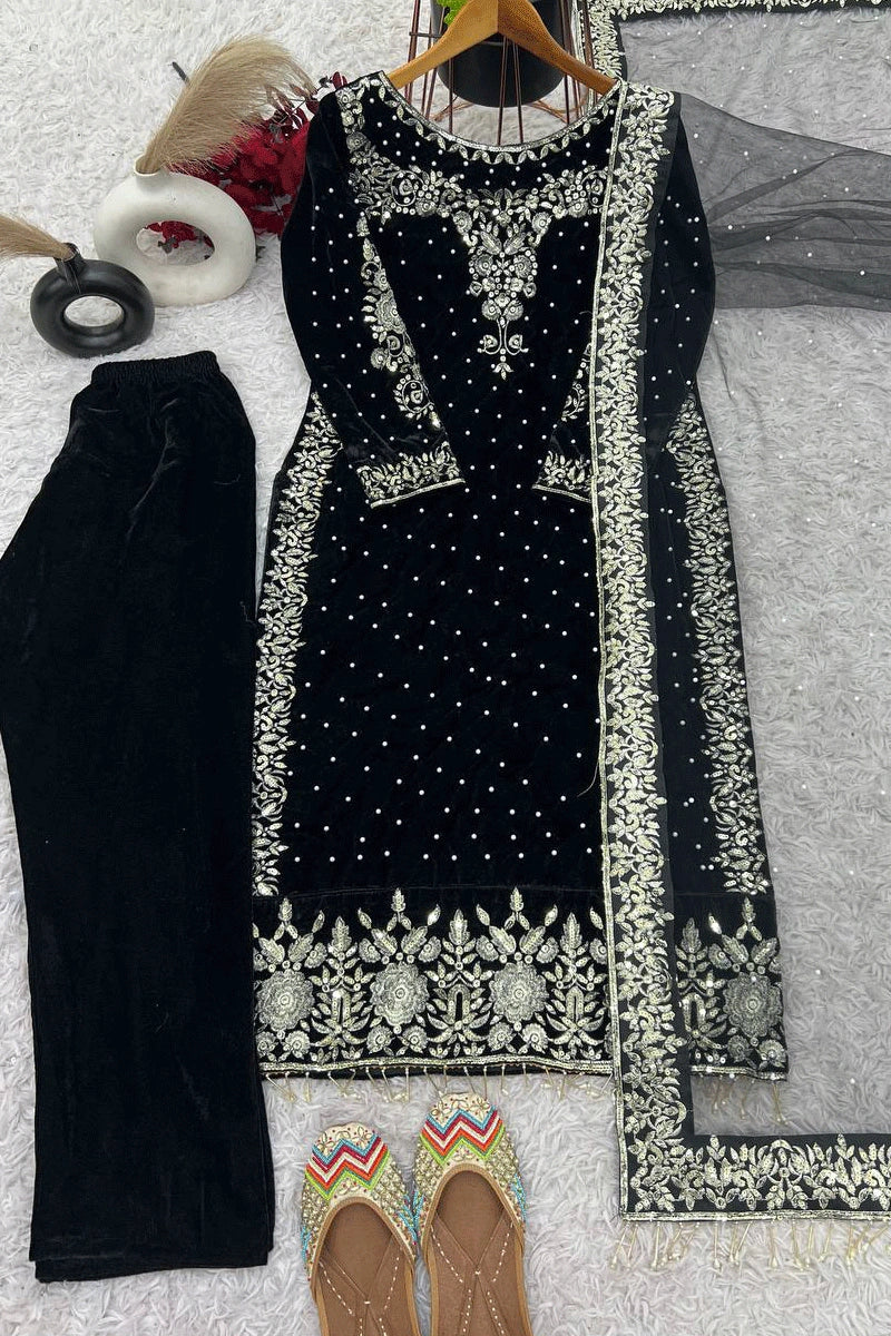 Embroidered Velvet Party Suit