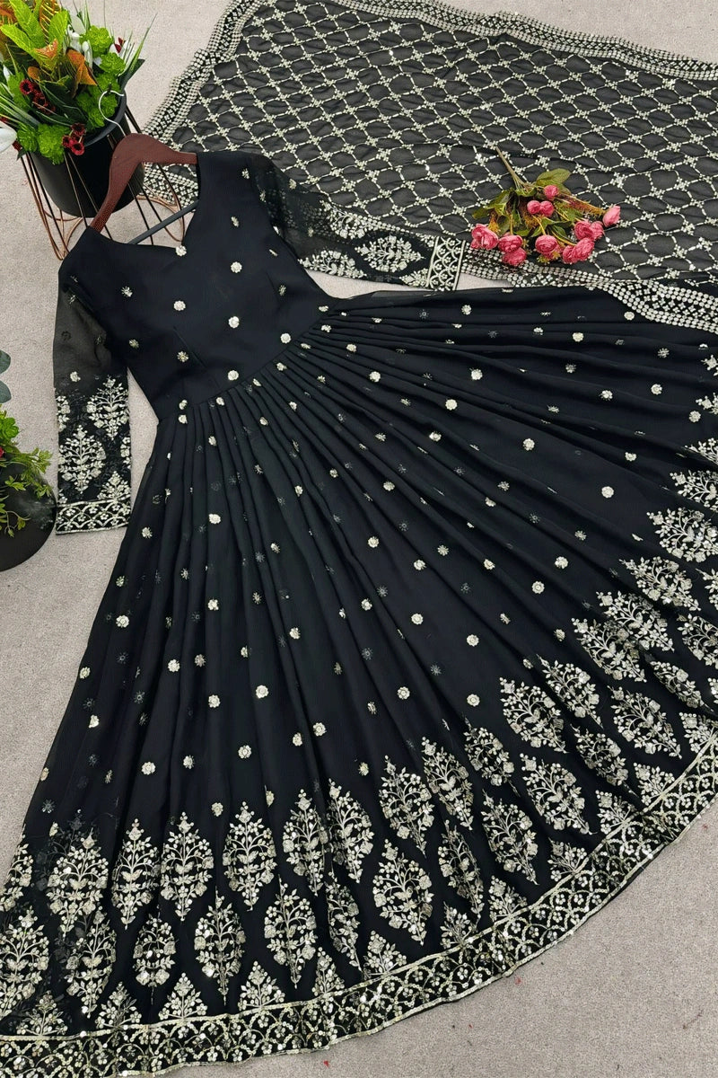 Georgette Heavy Flare Black Gown For Wedding