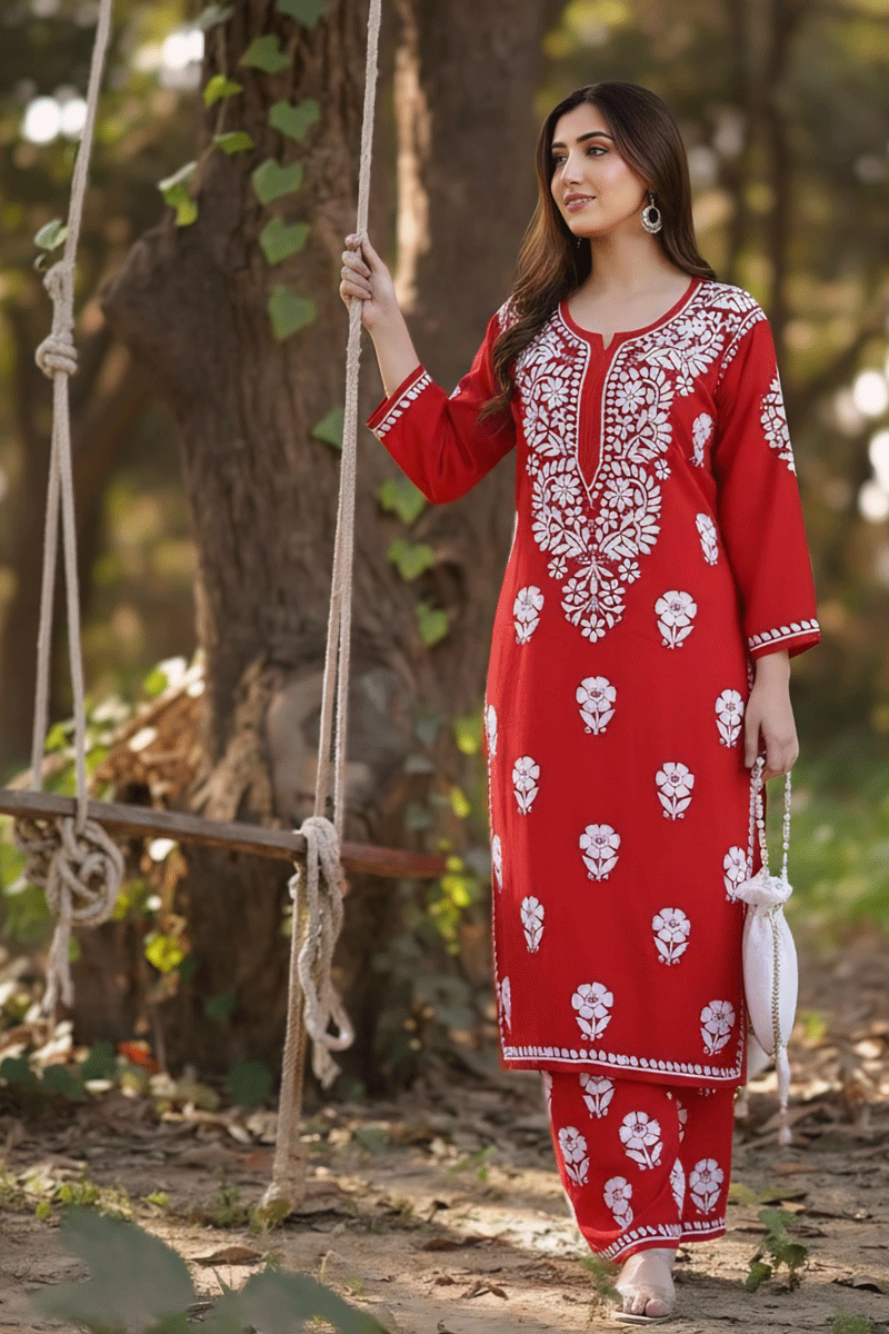 Red Colour Embroidery Work Kurti Plazo