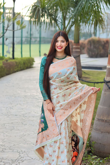 off white silk saree with green border