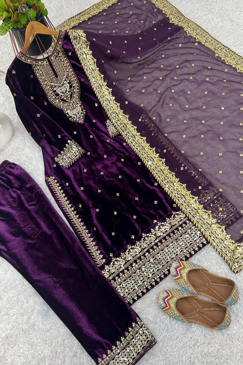 Festive Velvet Embroidery Work Long Dress