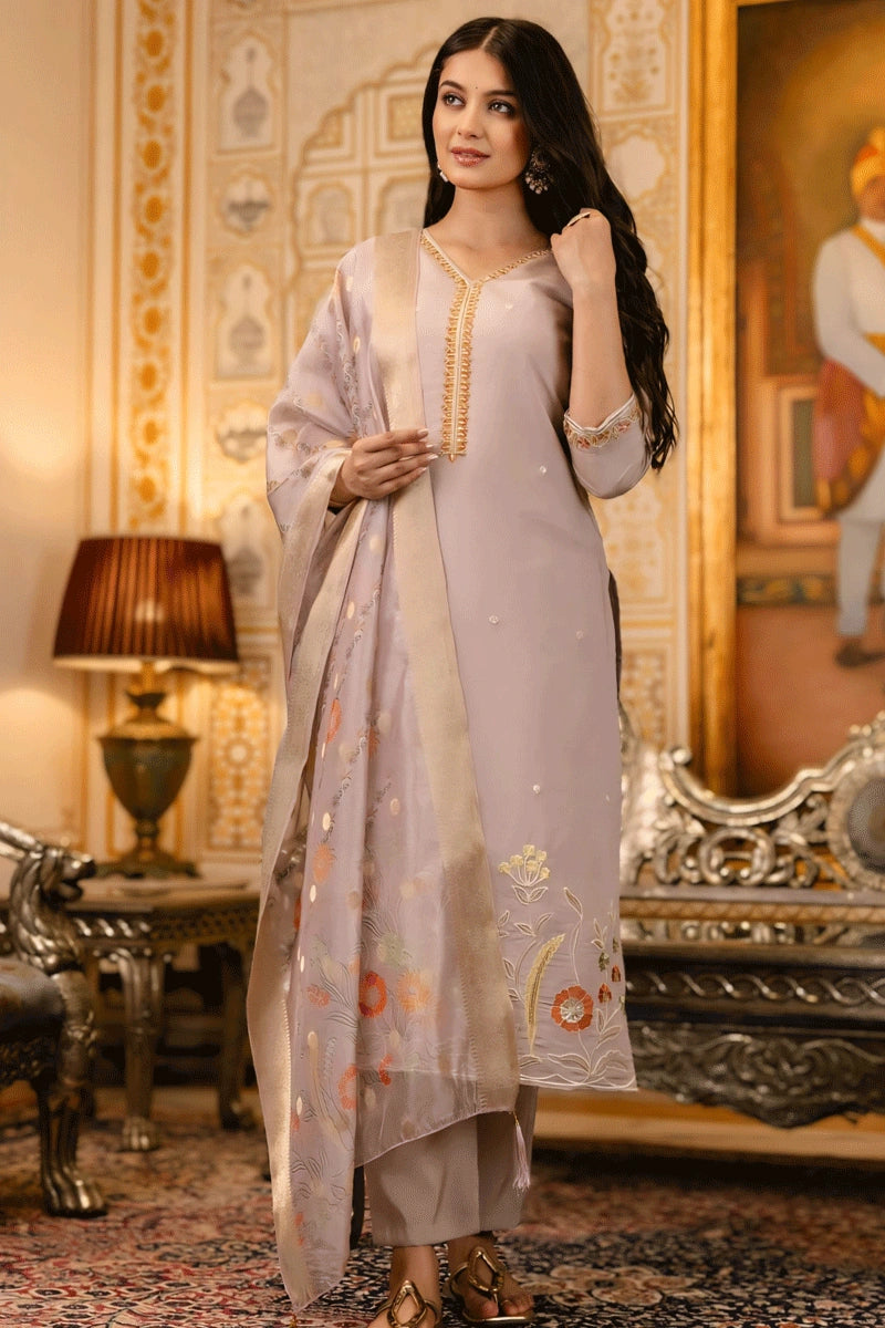 Festive Wear Lavender Silk Suit with Organza Dupatta