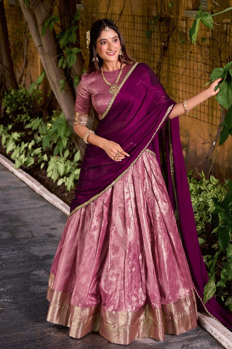 Festive Wear Pink Pattu Half Saree with Zari Work