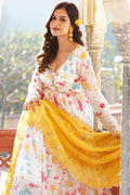 Floral Print Gowns For Raksha Bandhan With Yellow Dupatta