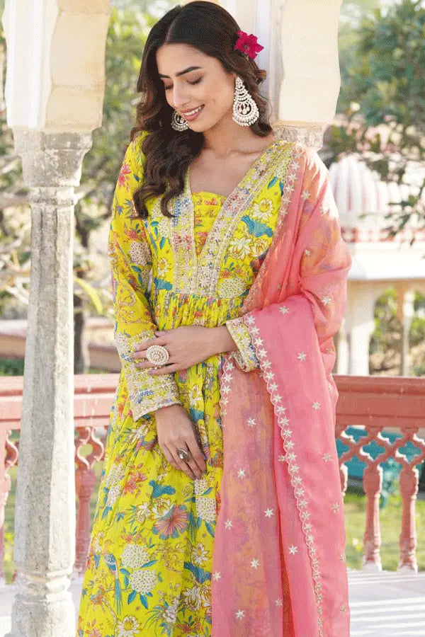 Floral Print Long Gown With Dupatta