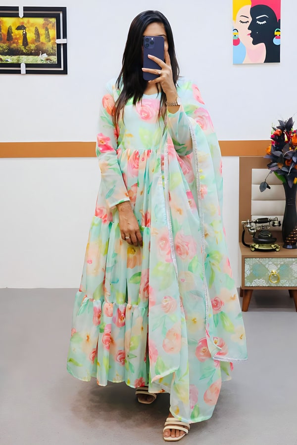 Flower Print Gown Dress For Girls - Anaya Designer Studio