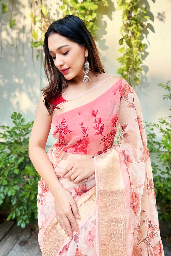 Latest Farewell Look Floral Organza Saree For Women - Anaya Designer Studio