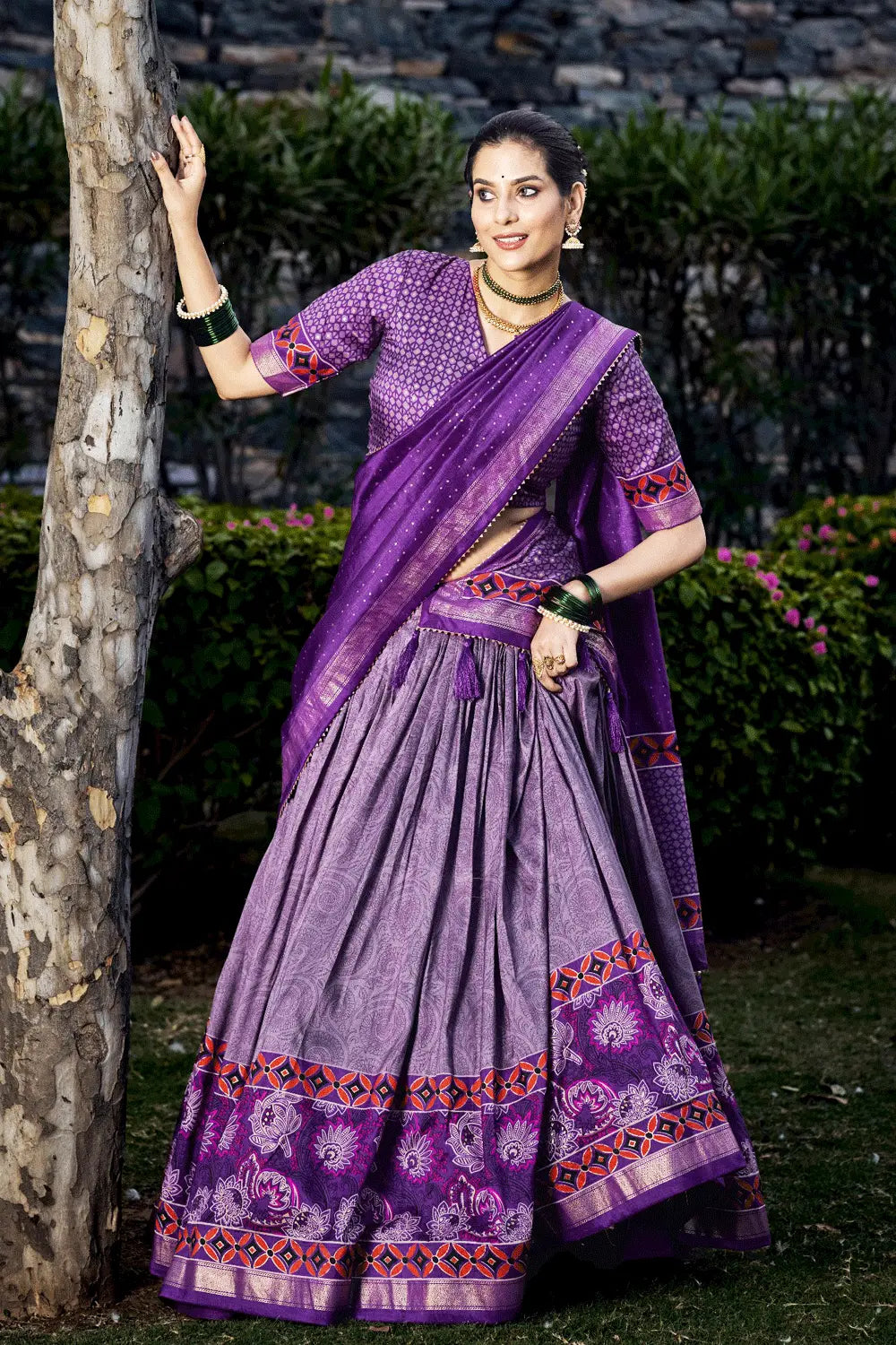 Floral Print Purple Half Saree For Wedding