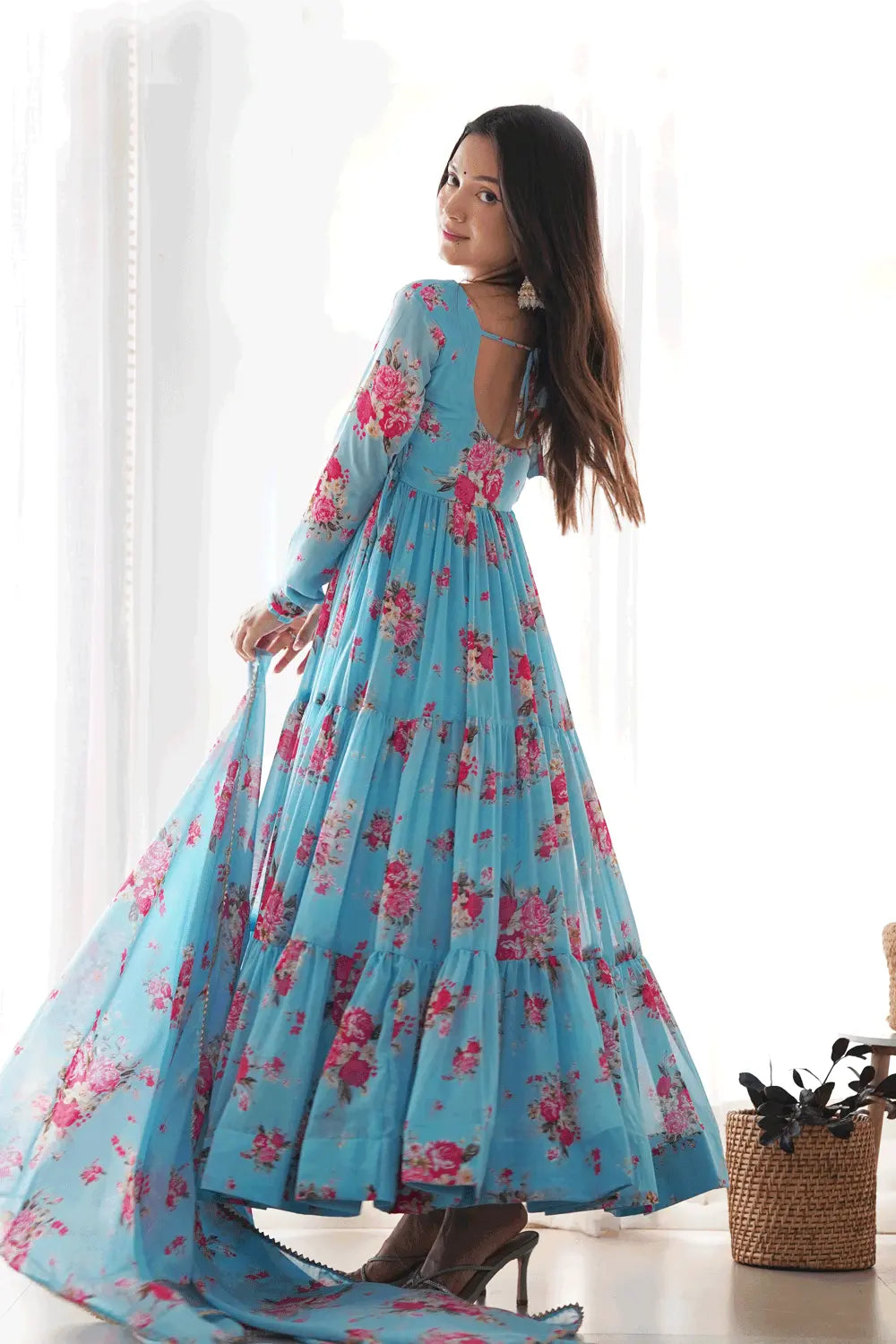 Three Layer Ruffle Gown With Dupatta