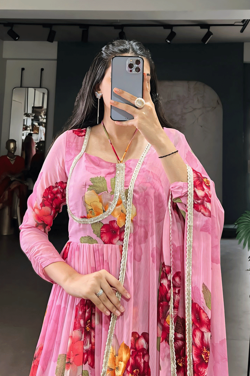 Floral Print Gown With Dupatta 