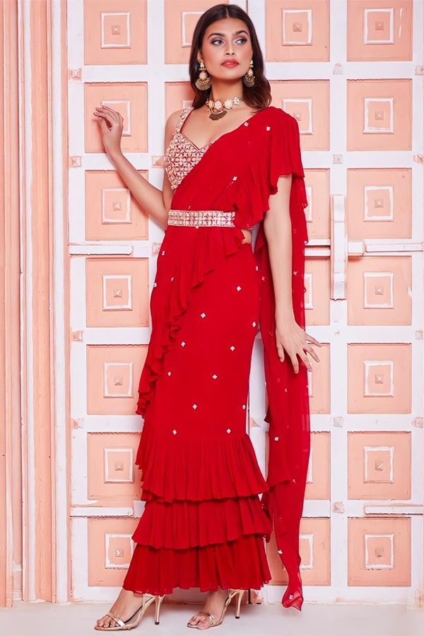 Frill Style Designer Ruffle Saree With Belt