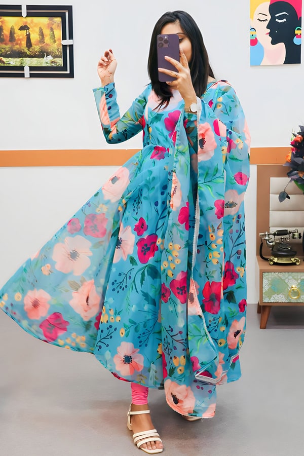 Full Flair Digital Print Gown With Floral Design For Women - Anaya Designer Studio