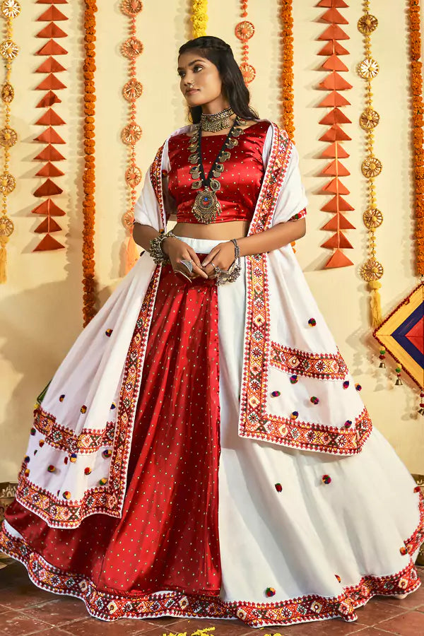 Full Flair White And Red Navratri Traditional Dress