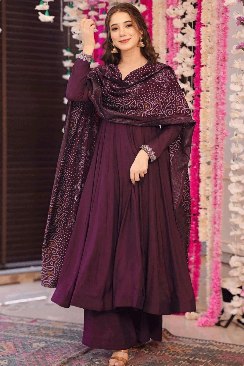 Full Sleeves Anarkali Suit with Bandhani Print Dupatta for Girl