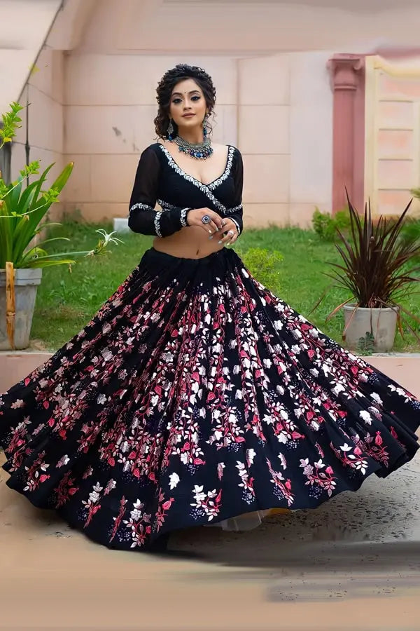 Floral Long Sleeve Crop Top With Lehenga For Girls - Anaya Designer Studio