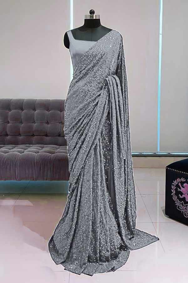 Georgette sequence Bollywood saree grey