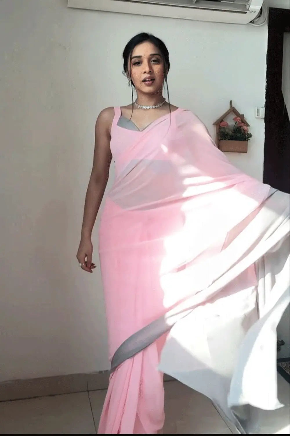 Baby Pink Color Pre Stitched Saree For Farewell