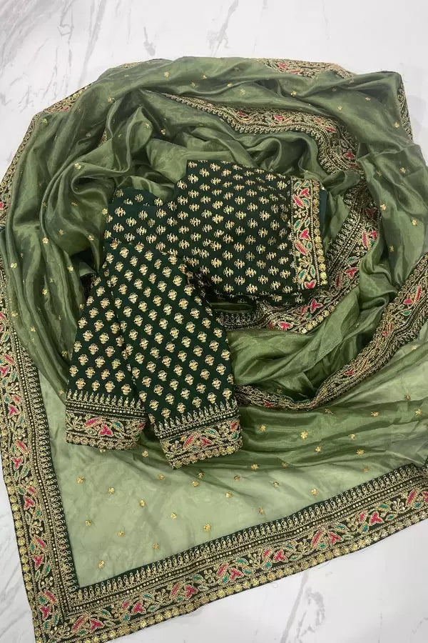 Green Organza Art Silk Saree For Wedding Sister