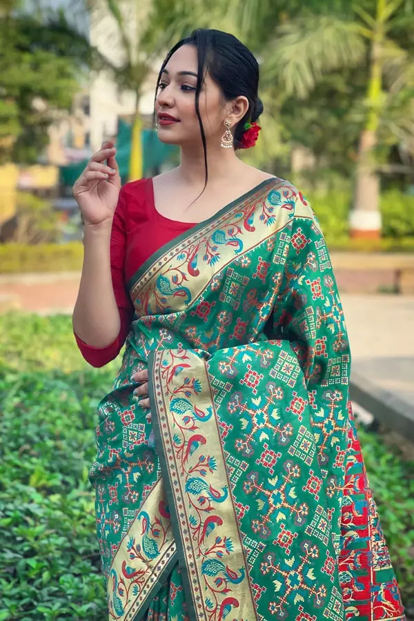 Green Paithani Saree With Red Border Online - Anaya Designer Studio