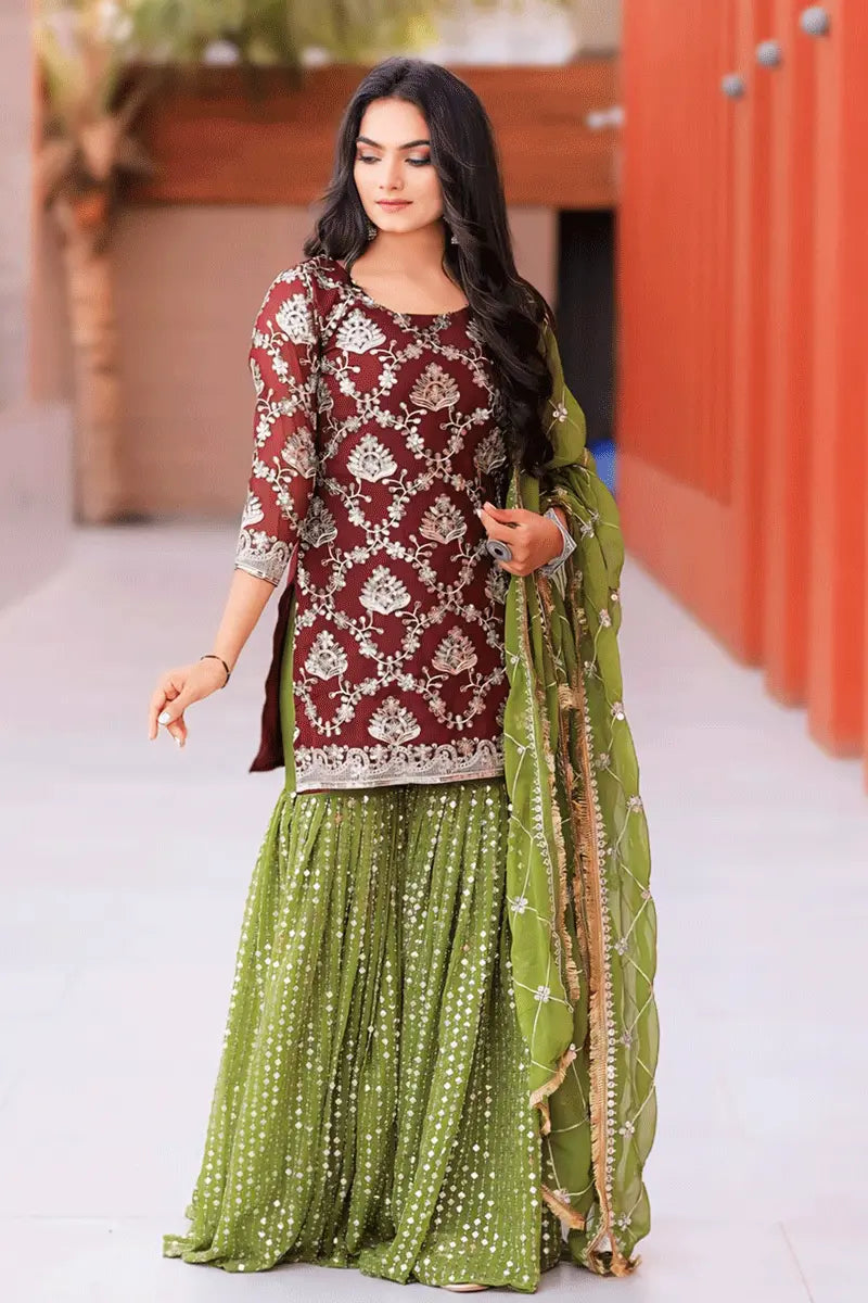 Sequence Embroidery Work Green &amp; Marron Color Traditional Sharara Dress