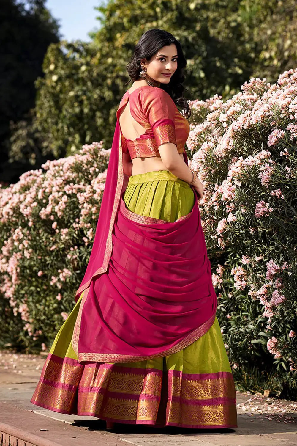 Kanchipuram Pink and Green Combination Half Saree