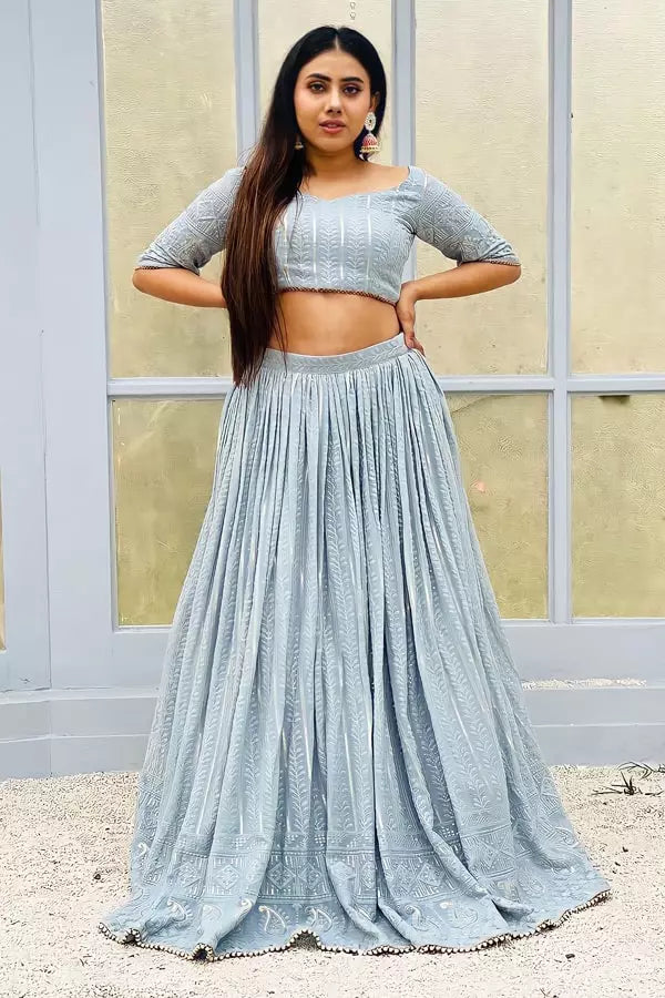 Grey Crop Top with Long Skirt Party Wear Occasion - Anaya Designer Studio