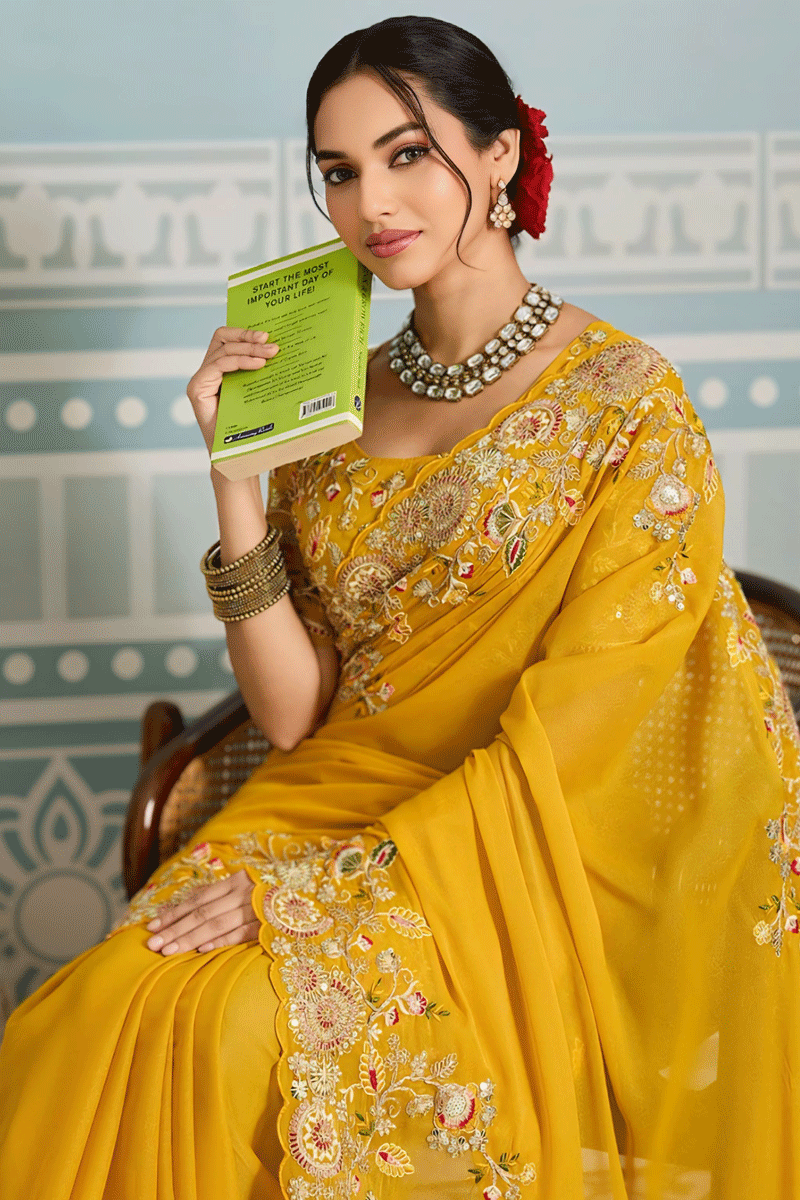 Embroidery Work Yellow Saree For Haldi Function
