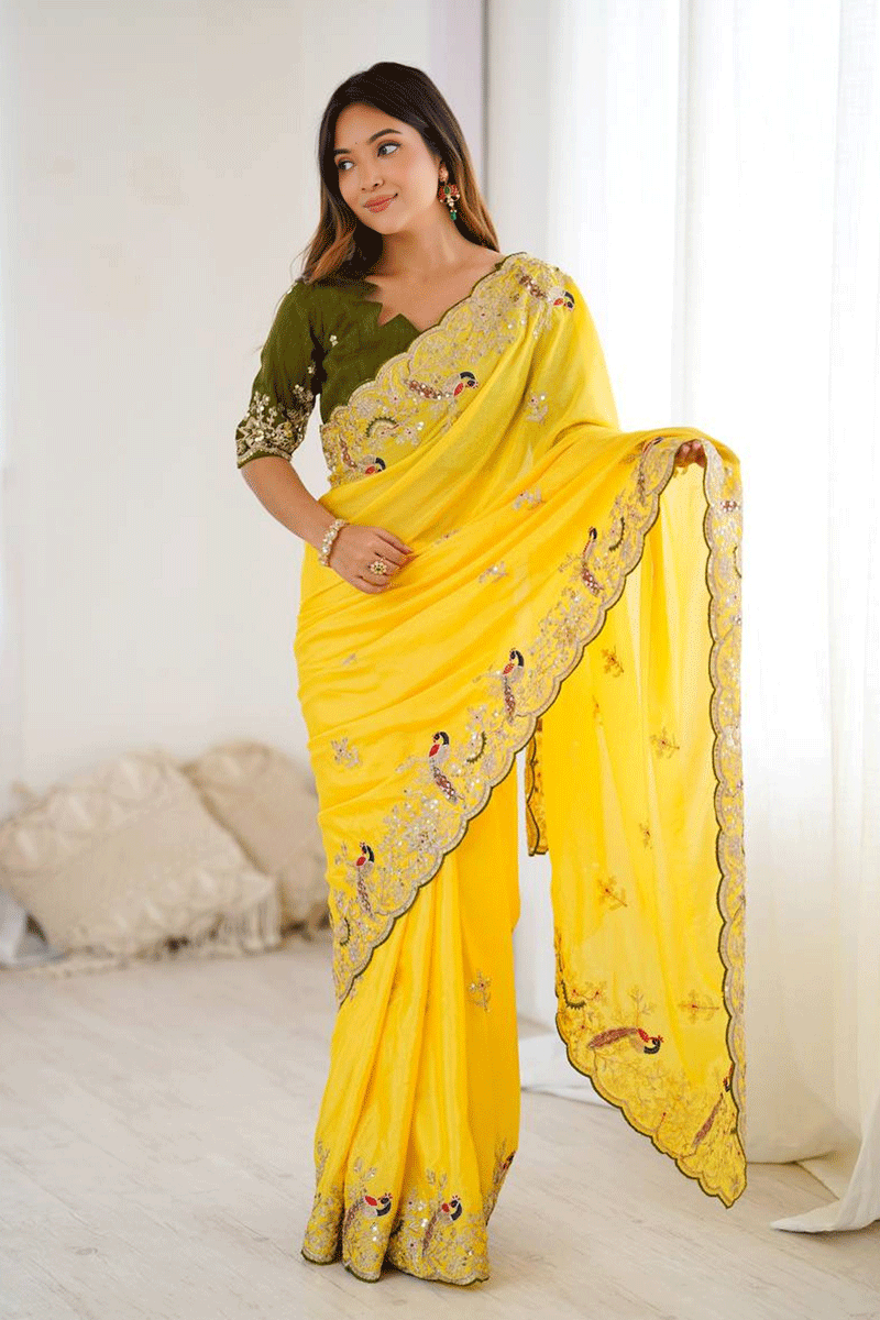 Embroidery Work Yellow Saree For Haldi Ceremony