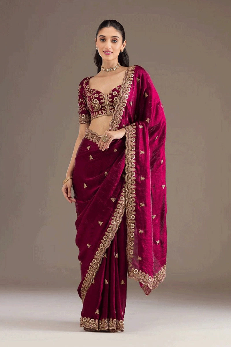 Heavy Satin Silk Maroon Saree for Wedding Guest