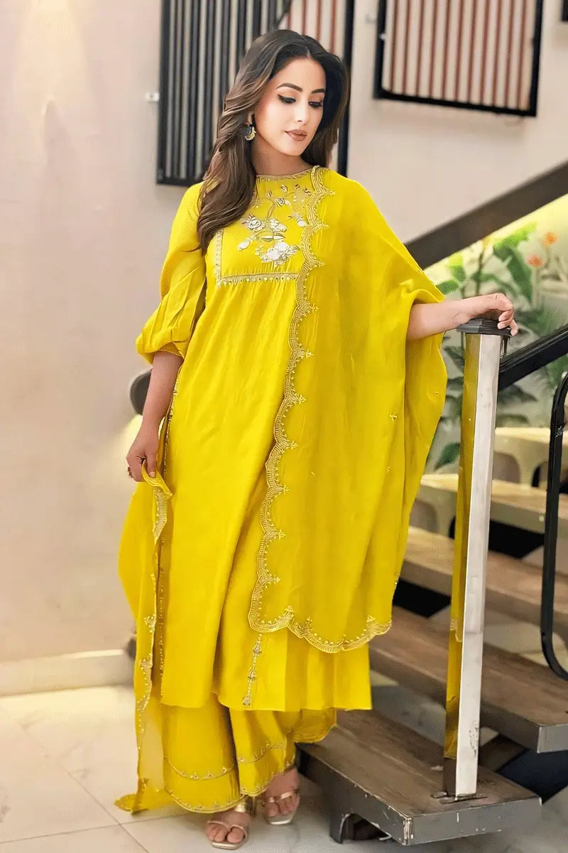 Heena Khan Yellow Color Sharara Dress For Haldi Function