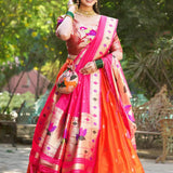 Marathi Style Paithani Silk Orange And Pink Half Saree
