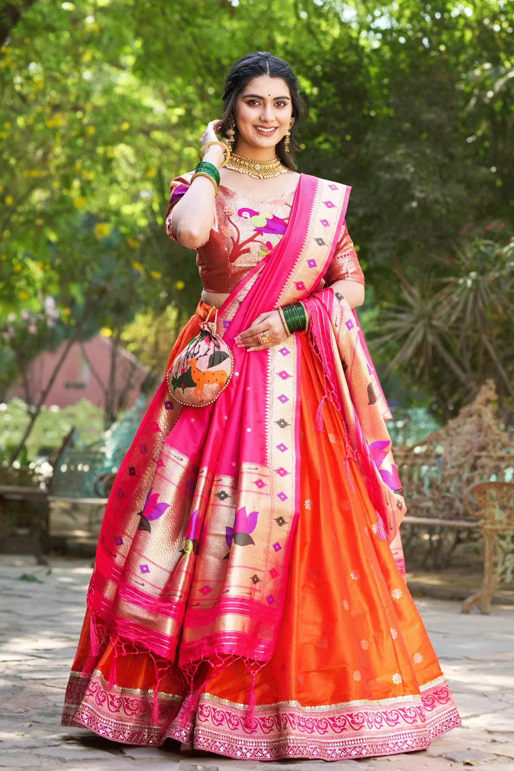 Marathi Style Paithani Silk Orange And Pink Half Saree