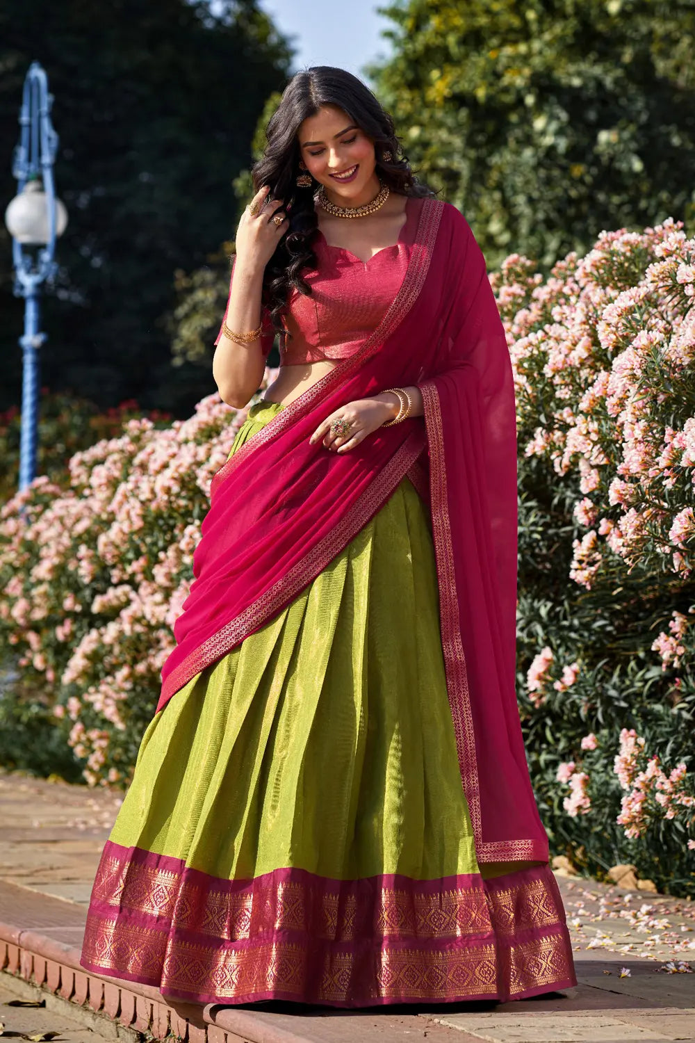 Kanchipuram Pink and Green Combination Half Saree