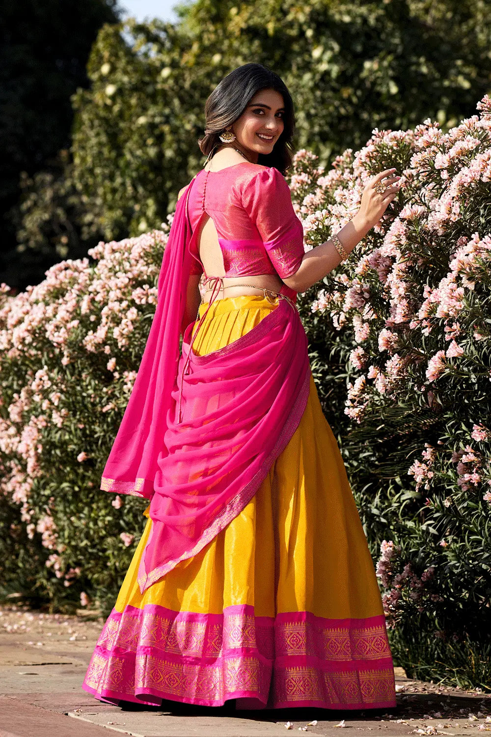 Kanchipuram Yellow And Pink Half Saree