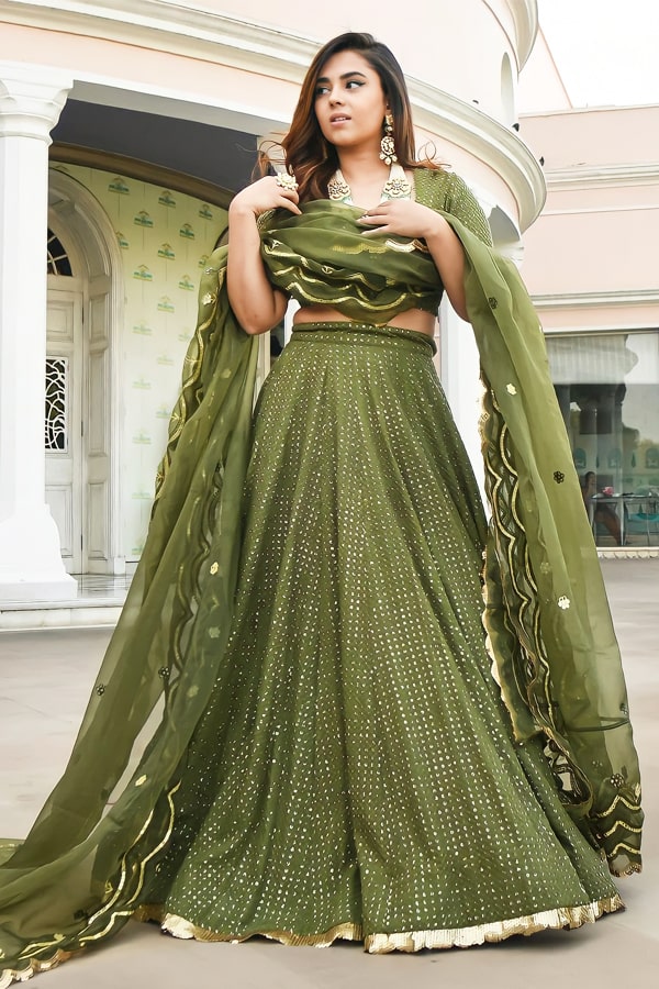 Latest crop top Lehenga Designs 2021 olive - Anaya Designer Studio