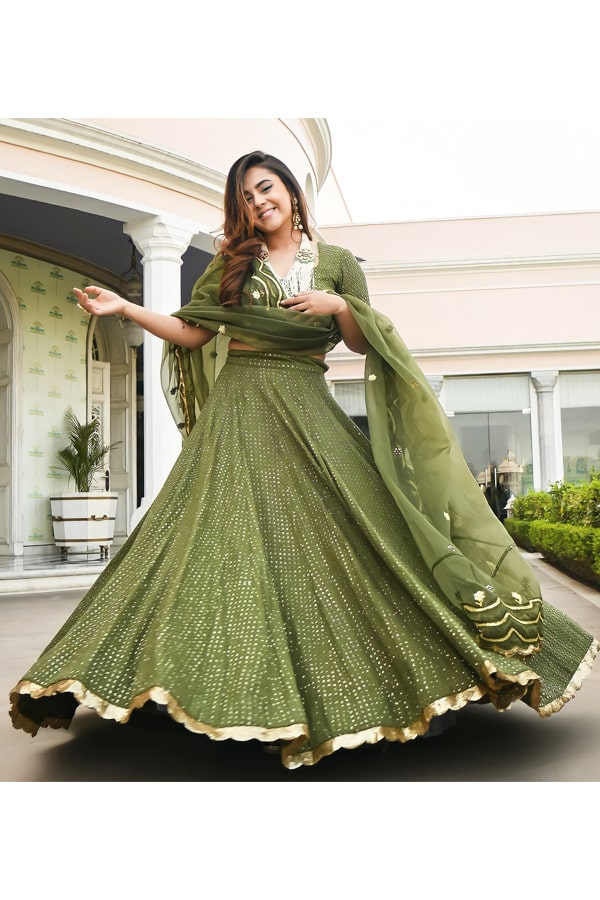 Latest crop top Lehenga Designs 2021 olive