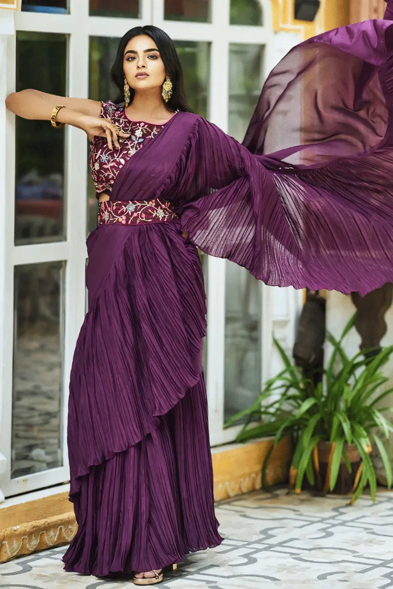 Latest Purple Color Ruffle Saree With Belt