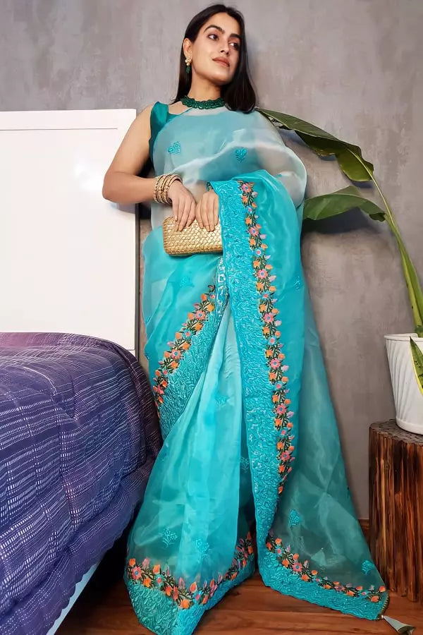 Light BlueOrganza Silk Sarees With Embroidery