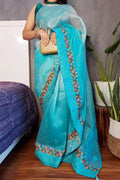 Light Blue Color Pure Soft Oranza Silk Saree For Wedding