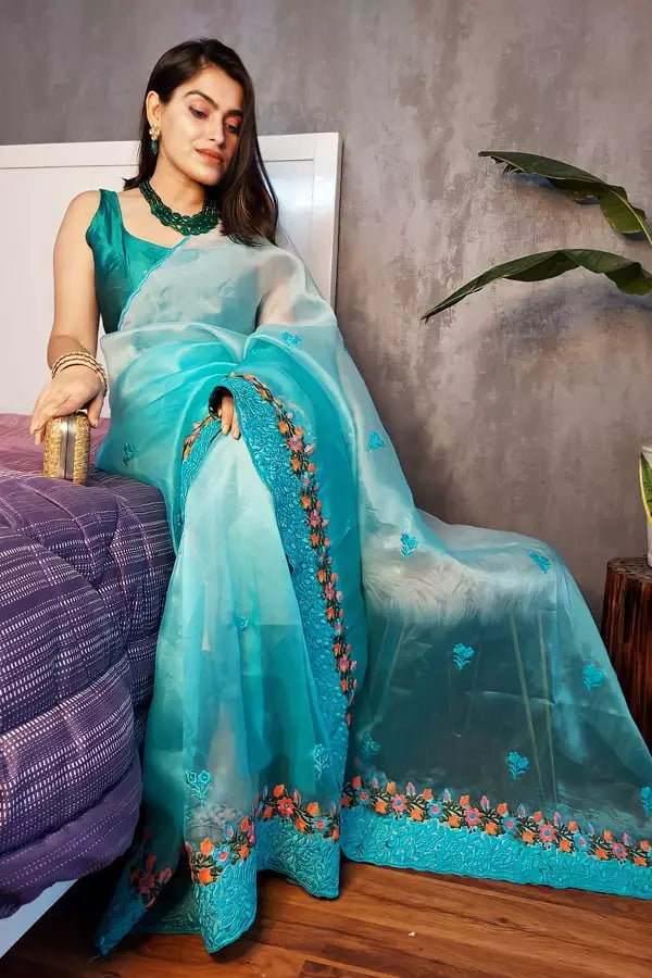 Light Blue Pure Organza Silk Sarees With Embroidery - Anaya Designer Studio
