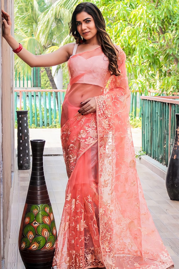 Embroidered Organza Fabric Saree With Beautiful Orange Color In 2022 - Anaya Designer Studio