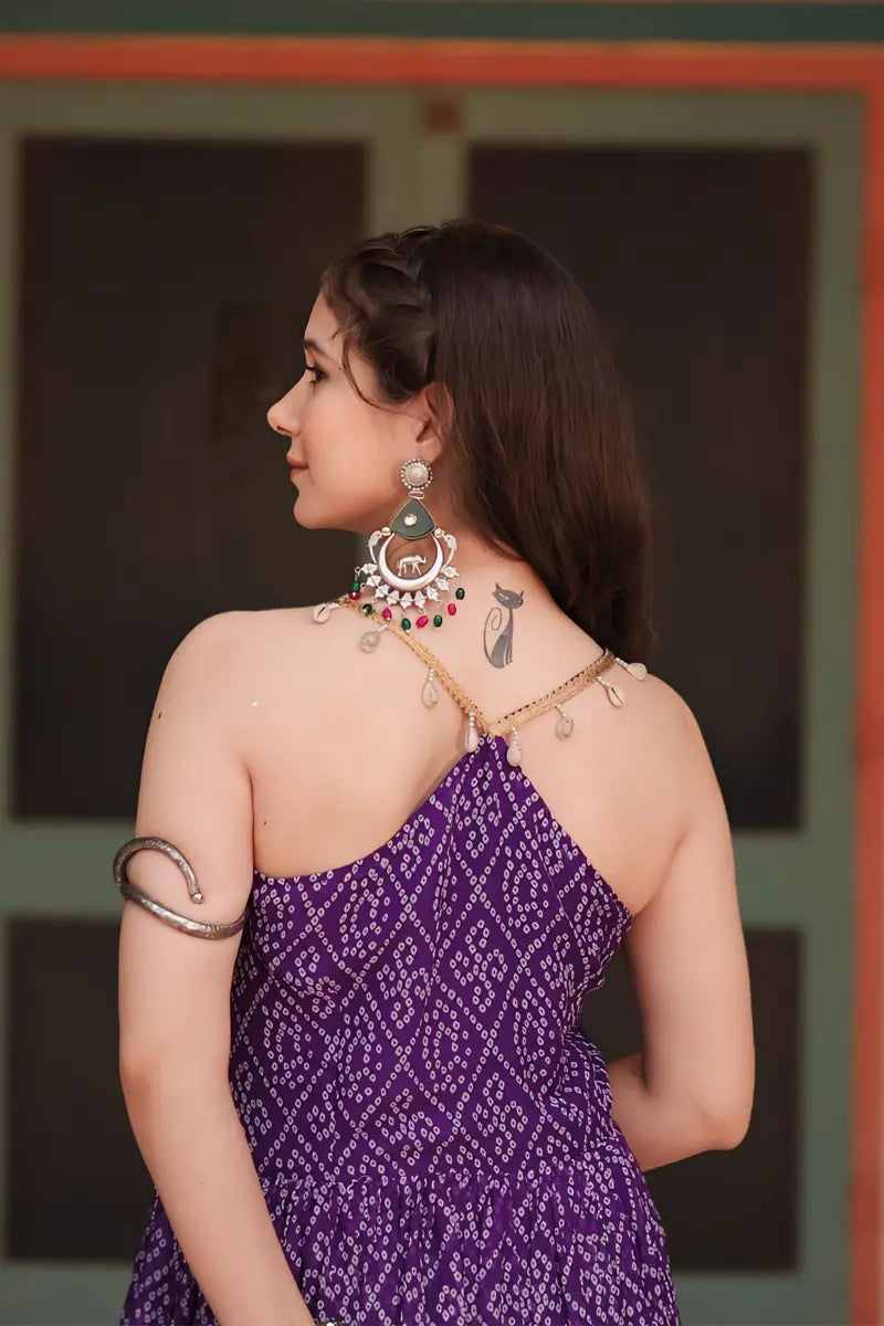 Long Purple Colour Bandhani Gown with Cross Back Design