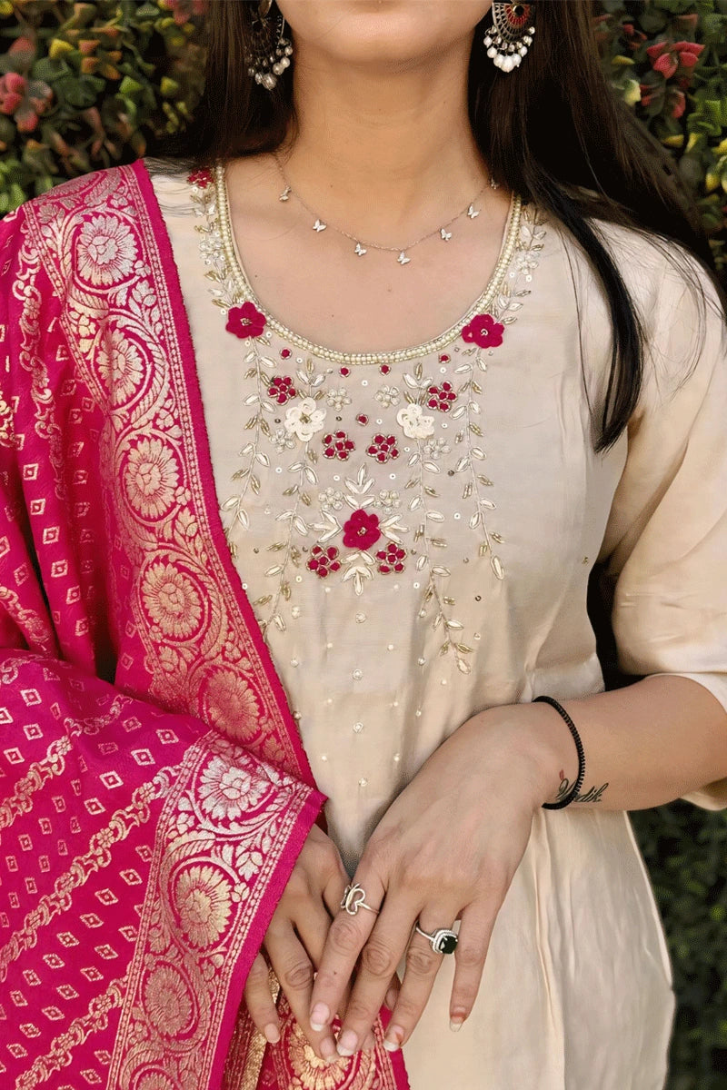 Elegant Cream Kurti in Roman Silk with Heavy Dupatta