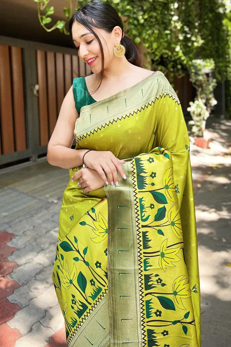 Parrot Green Wedding Paithani Saree For Girls