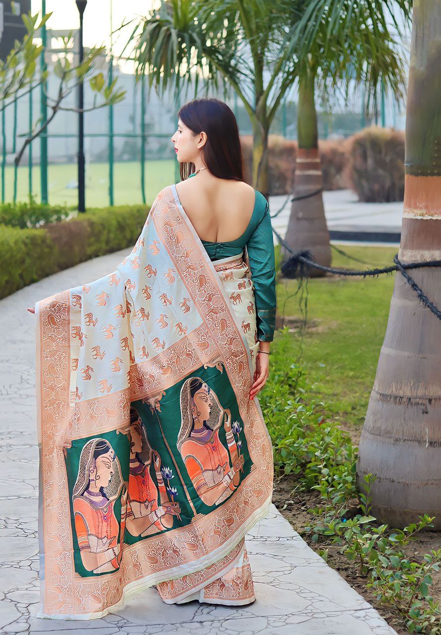 off white silk saree with green border