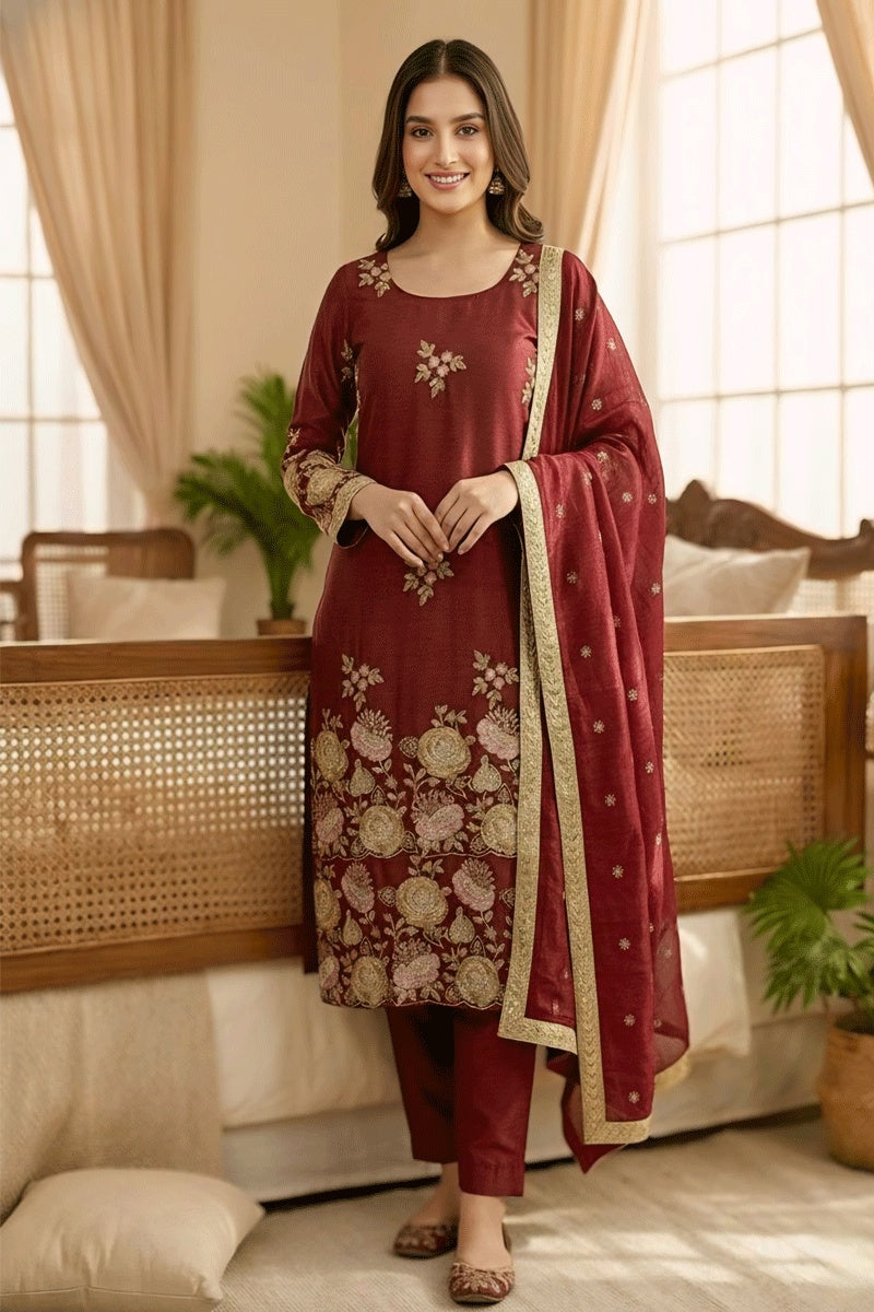 Maroon Embroidery Dress