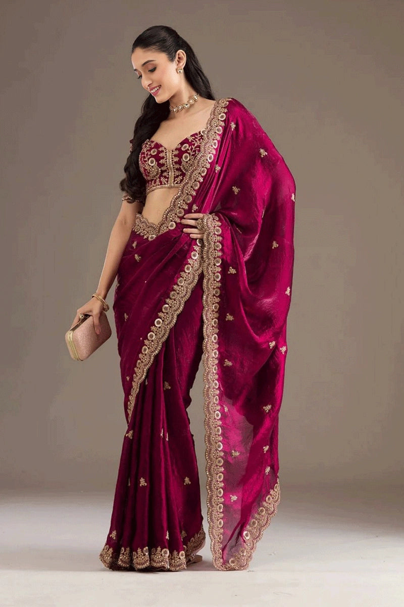 Maroon Satin Silk Saree for Wedding Guest Look