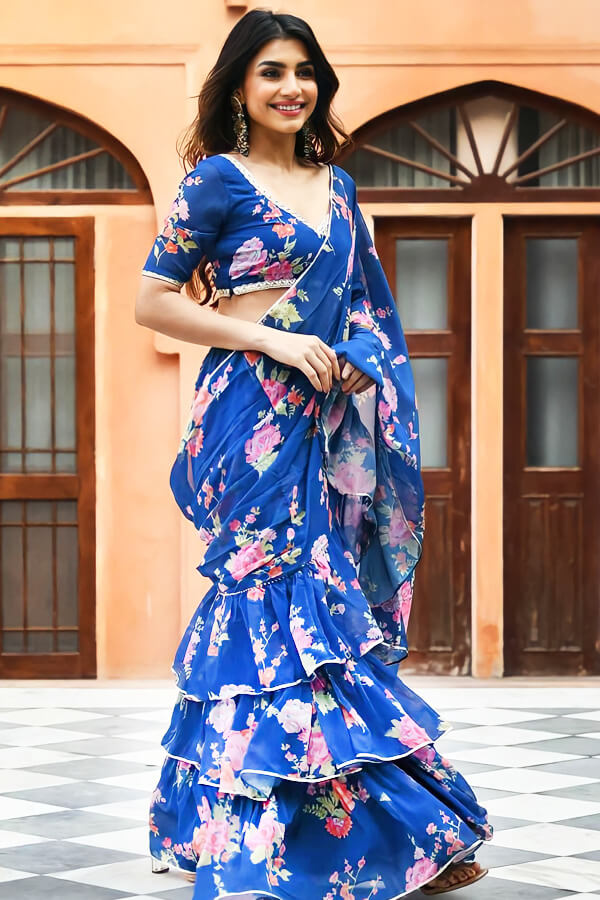 Modern 3 Layer Ruffle Saree Design For Girls - Anaya Designer Studio