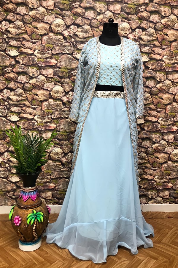 Modern lehenga with shrug 2021 Sky blue - Anaya Designer Studio